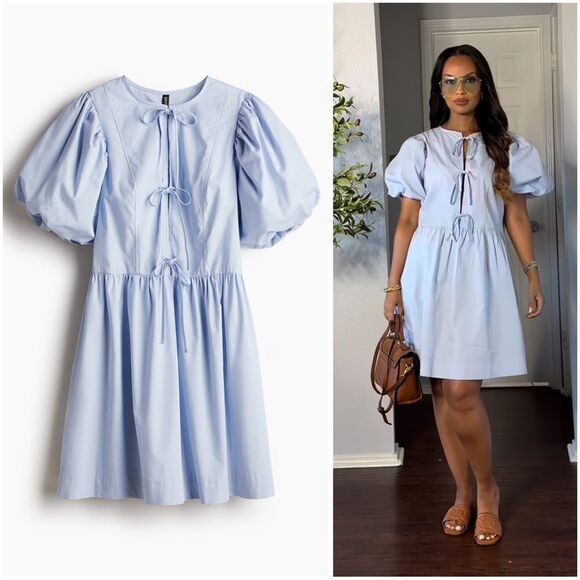 H&M TIE-DETAIL PUFF-SLEEVED DRESS - Picture 1 of 6